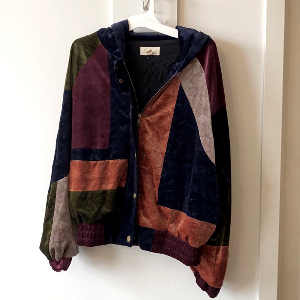 Velvet patchwork hoodie bomber jacket